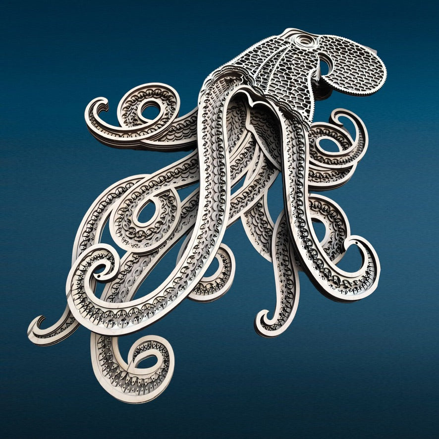 MIAGILASER Octopus Multi-layer Wooden Wall Decor, 3D Wood Wall Art, Wood Mandala, Multi-layered Wall Art, Laser Cut Wall Art