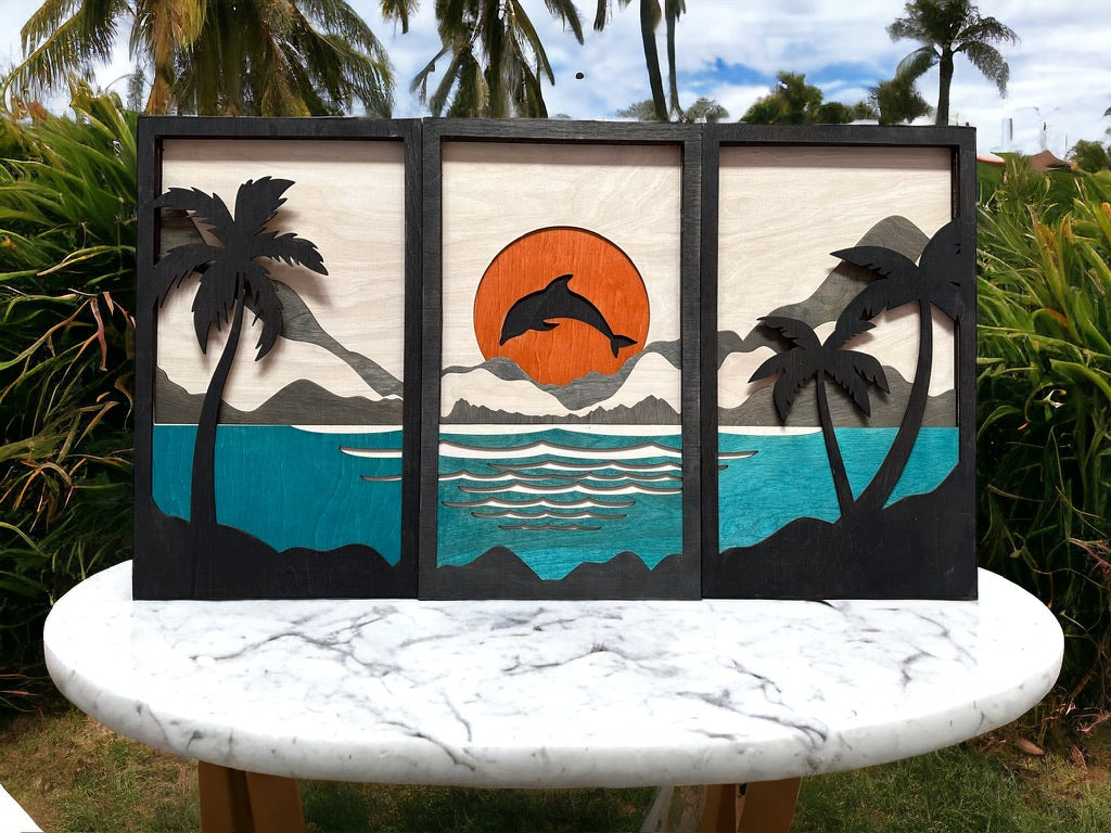 MIAGILASER 3 piece Dolphin Beach Multi-layer Wood Wall Decor, 40" x 70.5", Beach, 3D Wood Wall Art, Wood Mandala, Laser Cut Wall Decor