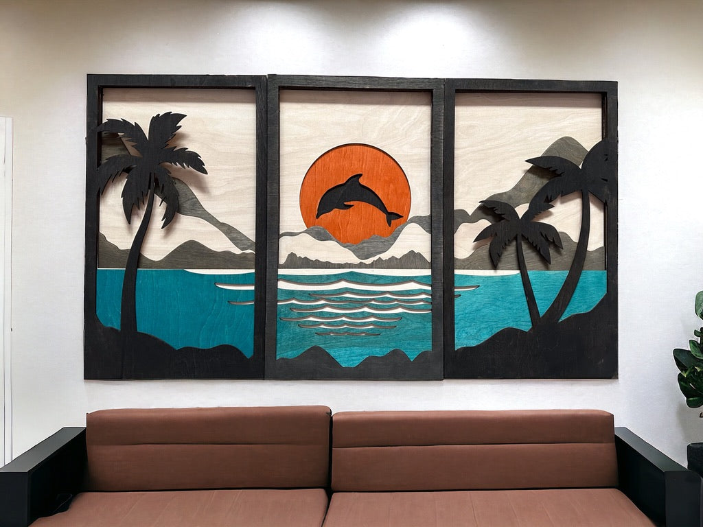 MIAGILASER 3 piece Dolphin Beach Multi-layer Wood Wall Decor, 40" x 70.5", Beach, 3D Wood Wall Art, Wood Mandala, Laser Cut Wall Decor