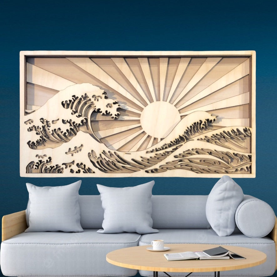 MIAGILASER Beach Sunrise Többrétegű Fa Faldekoráció, 3D Fa Falikép, Fa Mandala, Többrétegű Falikép, Lézerrel Vágott Falikép
