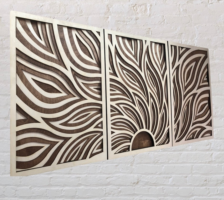 MIAGILASER 3 pièces Sunrise Décoration murale en bois multicouche, Décoration en bois, Art mural en bois 3D, Mandala en bois, Art mural, Décoration murale découpée au laser