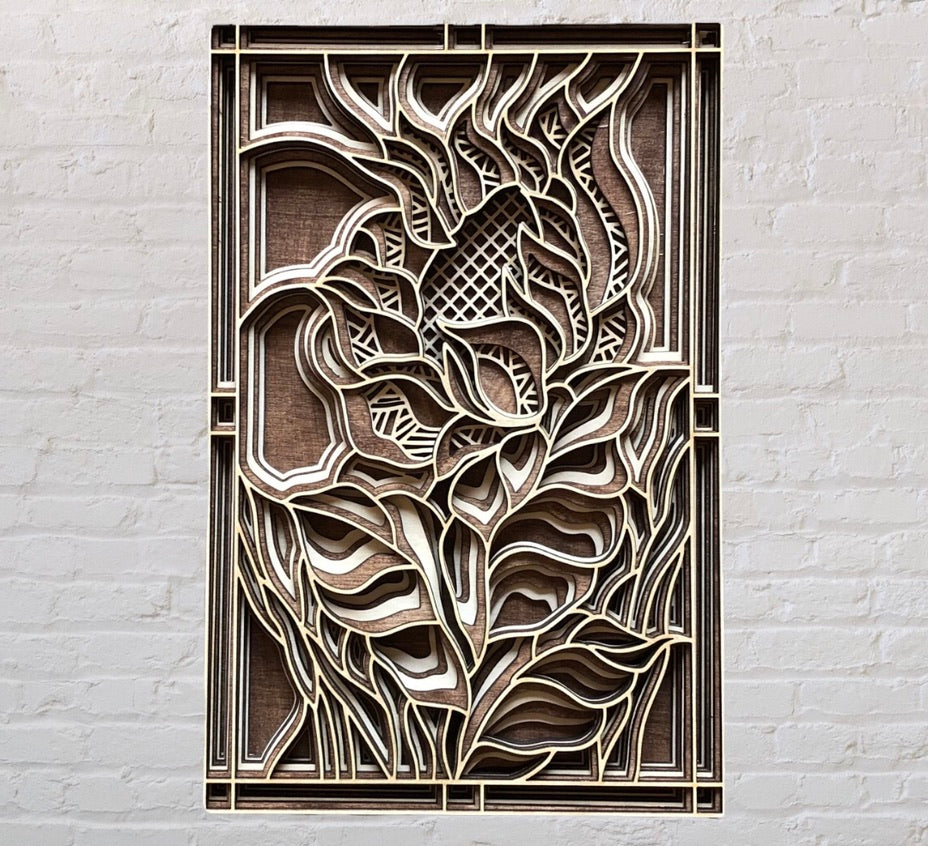 MIAGILASER Sunflower Multi-layer Wooden Wall Decor, 3D Wood Wall Art, Wood Mandala, Multi-layered Wall Art, Laser Cut Wall Art