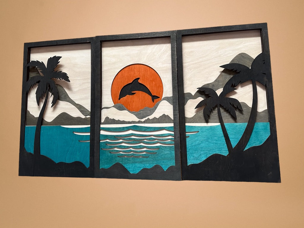 MIAGILASER 3 piece Dolphin Beach Multi-layer Wood Wall Decor, 40" x 70.5", Beach, 3D Wood Wall Art, Wood Mandala, Laser Cut Wall Decor