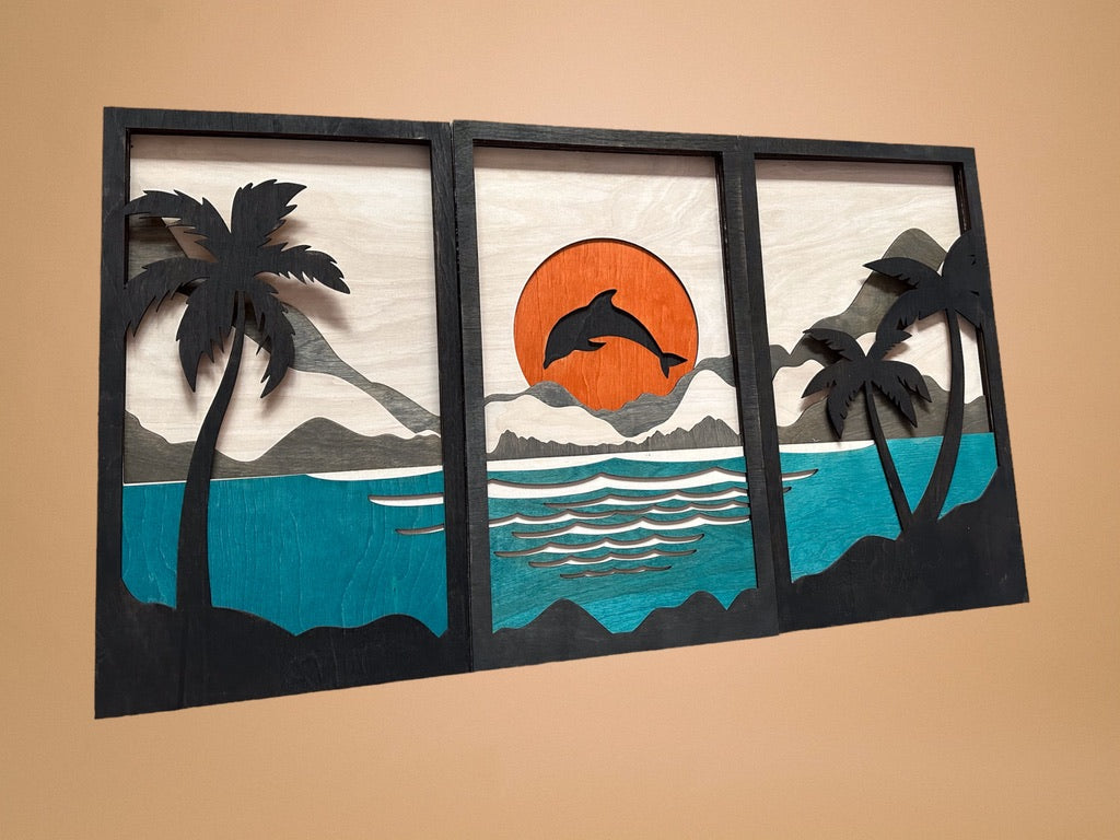 MIAGILASER 3 piece Dolphin Beach Multi-layer Wood Wall Decor, 40" x 70.5", Beach, 3D Wood Wall Art, Wood Mandala, Laser Cut Wall Decor