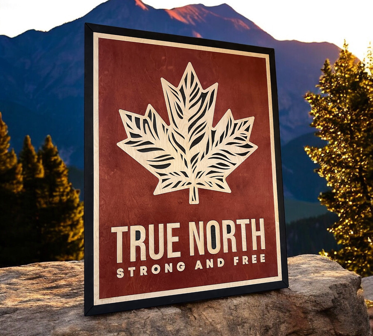 MIAGILASER True North Stonrg and Free Layered Wooden Wall Decor, 30"x20" Wood Wall Art, Canada Wood Decor, Layered Wall Art, Laser Cut Wall Art