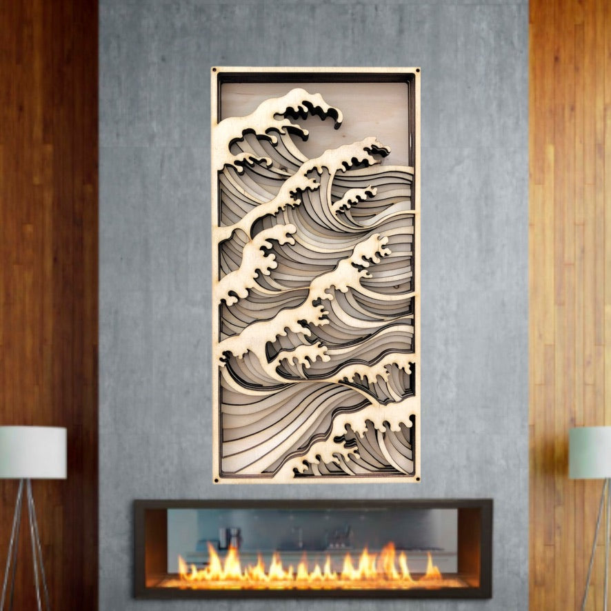 Décoration murale en bois multicouche MIAGILASER Ocean Wave, art mural en bois 3D, mandala en bois, art mural multicouche, art mural découpé au laser