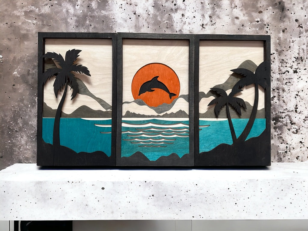 MIAGILASER 3 piece Dolphin Beach Multi-layer Wood Wall Decor, 40" x 70.5", Beach, 3D Wood Wall Art, Wood Mandala, Laser Cut Wall Decor