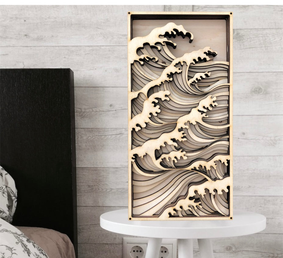 Décoration murale en bois multicouche MIAGILASER Ocean Wave, art mural en bois 3D, mandala en bois, art mural multicouche, art mural découpé au laser