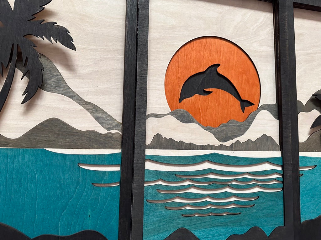 MIAGILASER 3 piece Dolphin Beach Multi-layer Wood Wall Decor, 40" x 70.5", Beach, 3D Wood Wall Art, Wood Mandala, Laser Cut Wall Decor