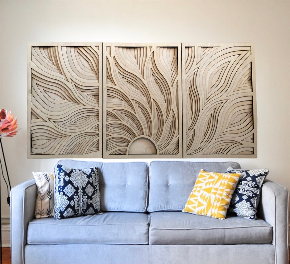 MIAGILASER 3 piece Sunrise Multilayer Birch Wood Wall Decor, Multilayer Wooden Wall Decor, 3D Wall Art, Wood Mandala, Wall Art, Laser Cut Wall Decor