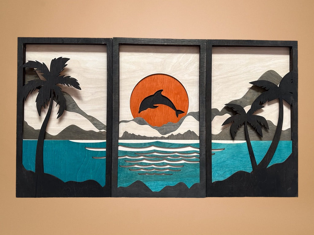 MIAGILASER 3 piece Dolphin Beach Multi-layer Wood Wall Decor, 40" x 70.5", Beach, 3D Wood Wall Art, Wood Mandala, Laser Cut Wall Decor