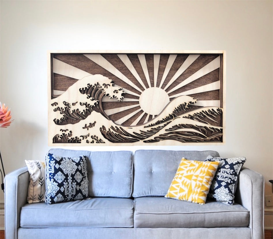 MIAGILASER Beach Sunrise Többrétegű Fa Faldekoráció, 3D Fa Falikép, Fa Mandala, Többrétegű Falikép, Lézerrel Vágott Falikép