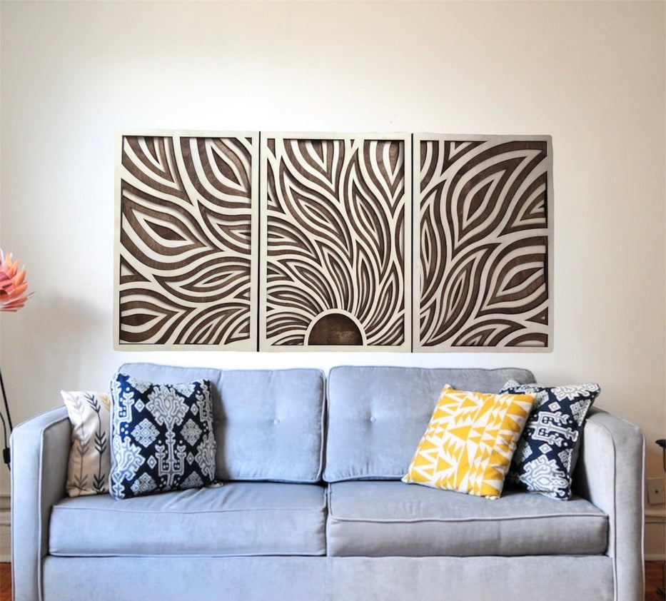 MIAGILASER 3 pièces Sunrise Décoration murale en bois multicouche, Décoration en bois, Art mural en bois 3D, Mandala en bois, Art mural, Décoration murale découpée au laser