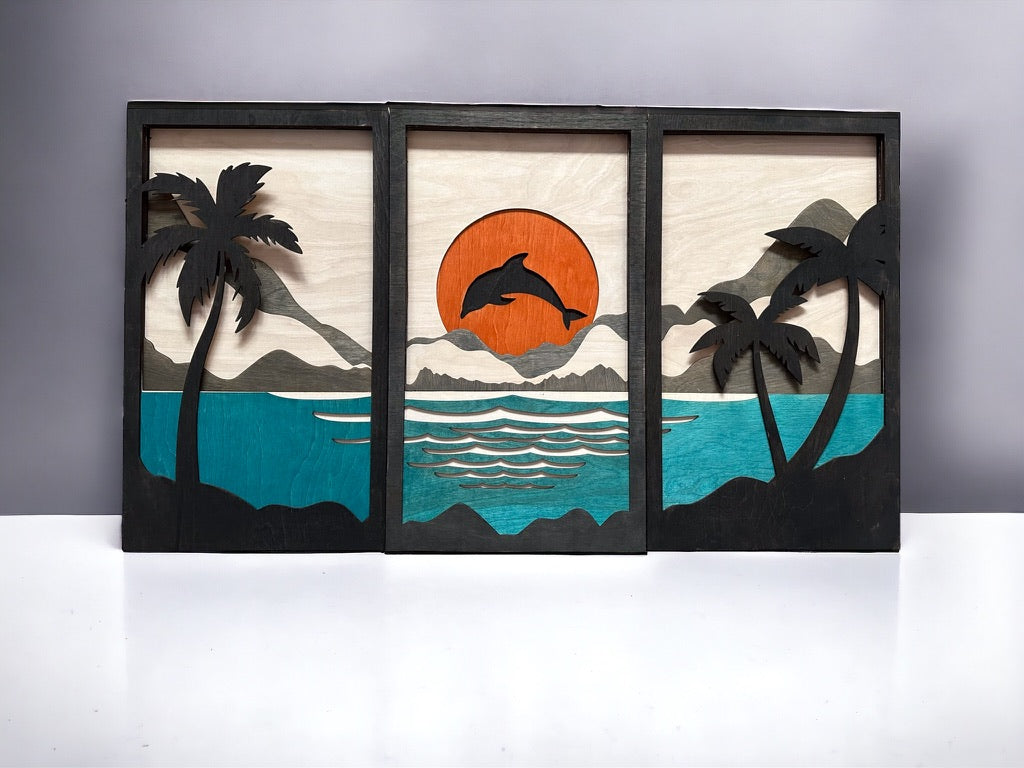 MIAGILASER 3 piece Dolphin Beach Multi-layer Wood Wall Decor, 40" x 70.5", Beach, 3D Wood Wall Art, Wood Mandala, Laser Cut Wall Decor