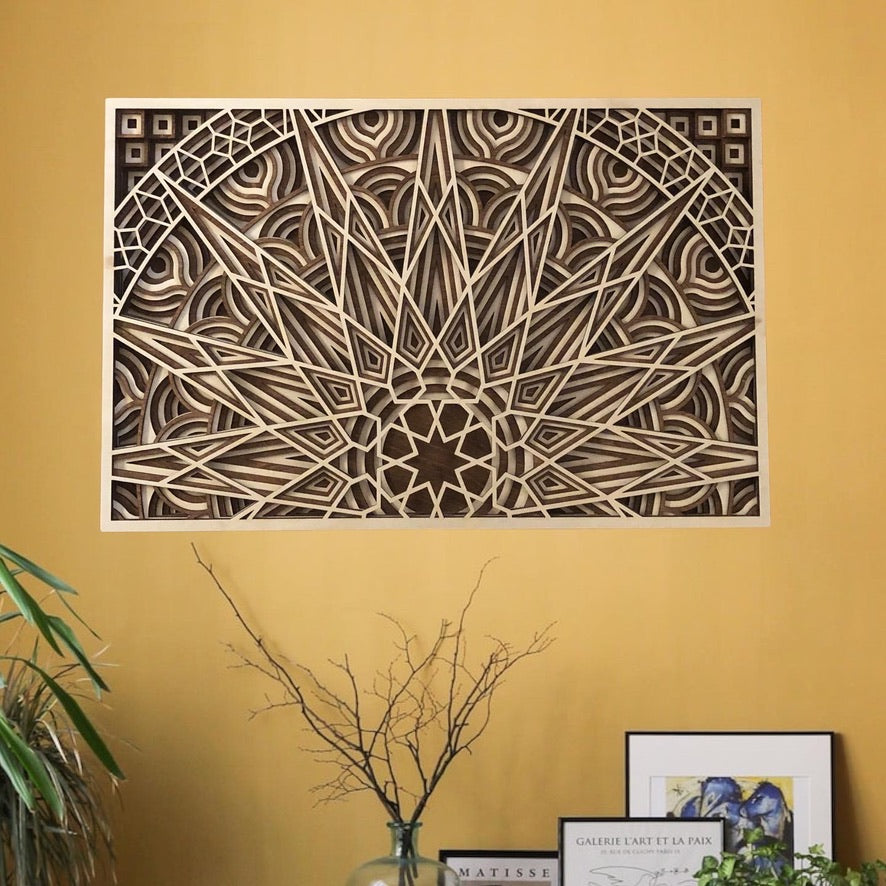 MIAGILASER Panno Sun Többrétegű Fa Faldekoráció, 3D Fa Falikép, Fa Mandala, Többrétegű Falikép, Lézerrel Vágott Falikép
