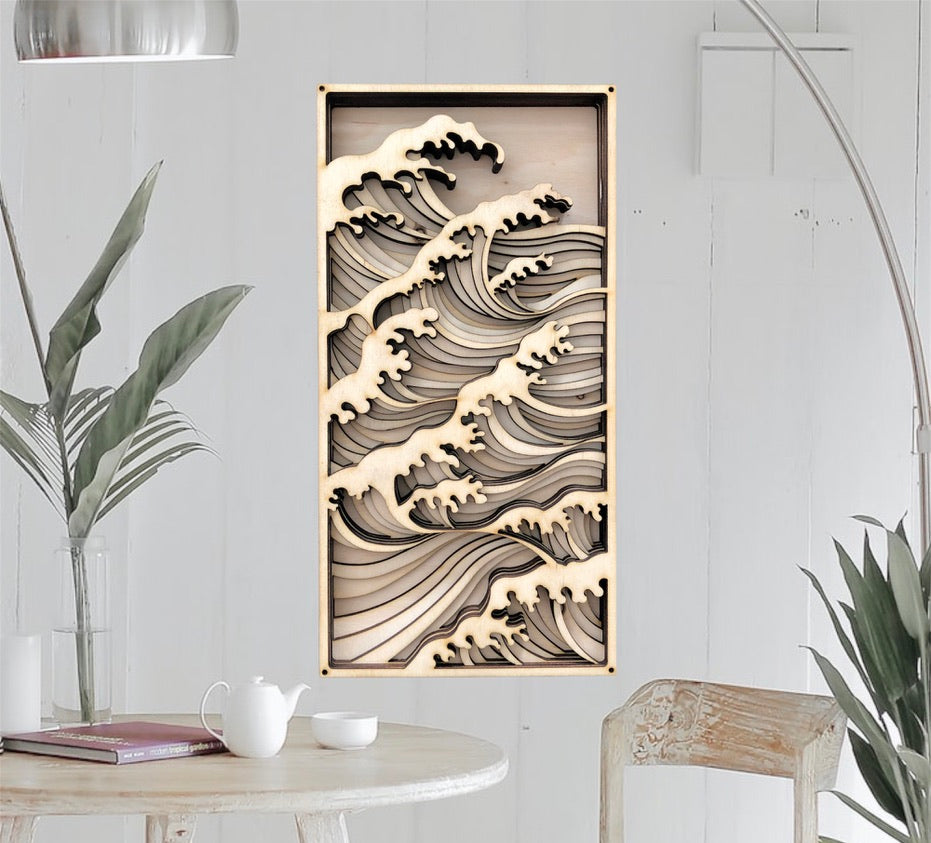 Décoration murale en bois multicouche MIAGILASER Ocean Wave, art mural en bois 3D, mandala en bois, art mural multicouche, art mural découpé au laser