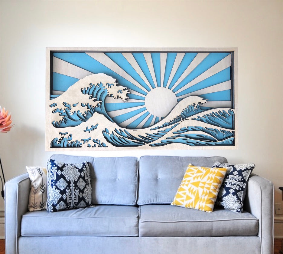 MIAGILASER Beach Sunrise Többrétegű Fa Faldekoráció, 3D Fa Falikép, Fa Mandala, Többrétegű Falikép, Lézerrel Vágott Falikép