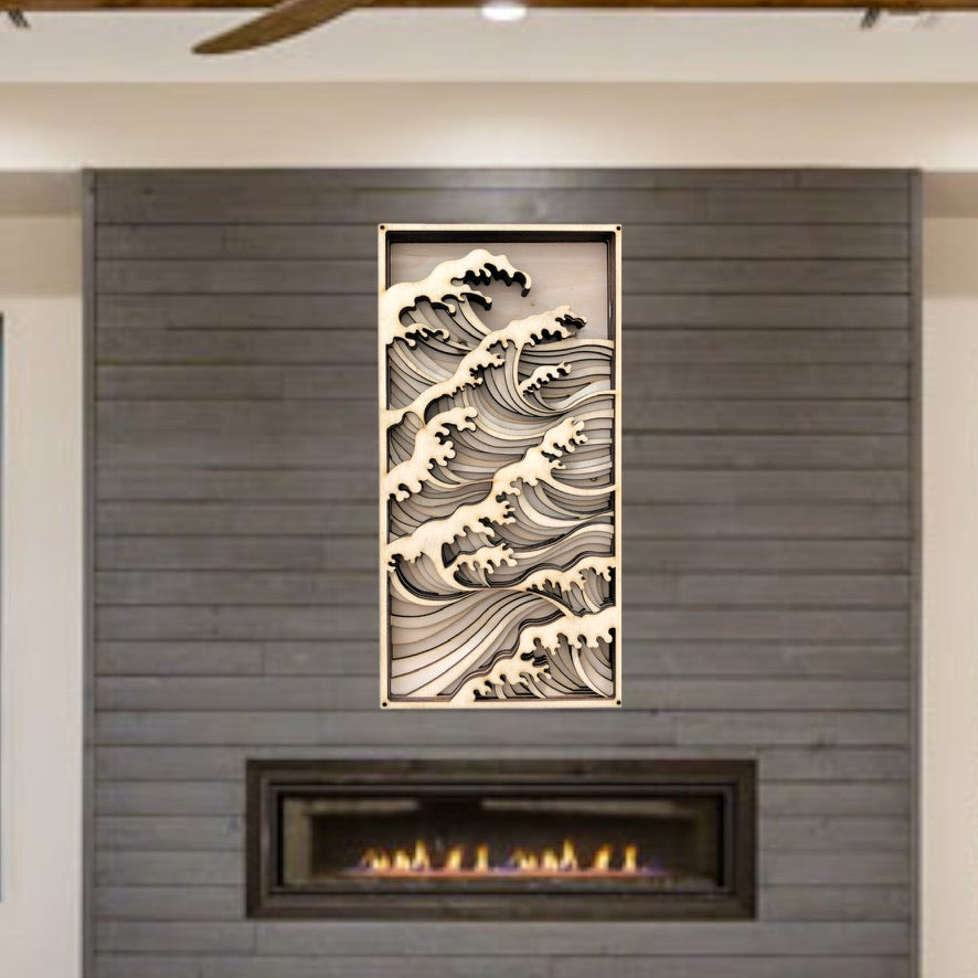 Décoration murale en bois multicouche MIAGILASER Ocean Wave, art mural en bois 3D, mandala en bois, art mural multicouche, art mural découpé au laser