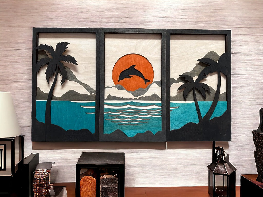 MIAGILASER 3 piece Dolphin Beach Multi-layer Wood Wall Decor, 40" x 70.5", Beach, 3D Wood Wall Art, Wood Mandala, Laser Cut Wall Decor