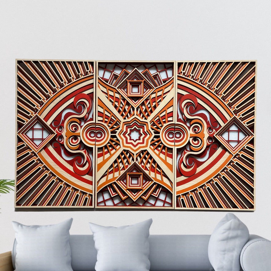 MIAGILASER Wood Mandala, 3 Piece Diamond Eyes Mandala, Large Mandala, Multi-layered Wall Decor, Multi-layered Wall Art, 3D Wall Decor