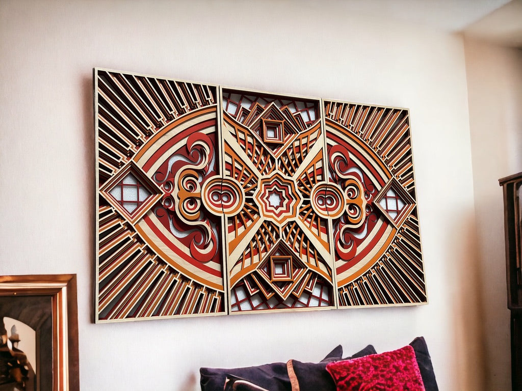 MIAGILASER Wood Mandala, 3 Piece Diamond Eyes Mandala, Large Mandala, Multi-layered Wall Decor, Multi-layered Wall Art, 3D Wall Decor