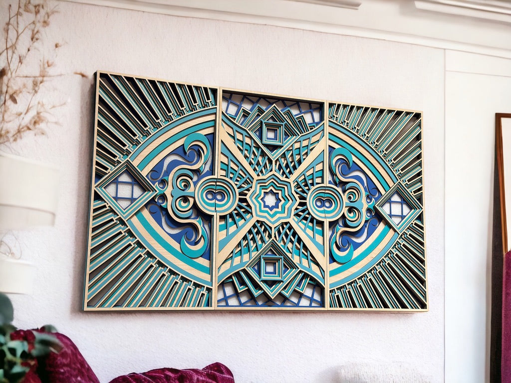 MIAGILASER Wood Mandala, 3 Piece Diamond Eyes Mandala, Large Mandala, Multi-layered Wall Decor, Multi-layered Wall Art, 3D Wall Decor