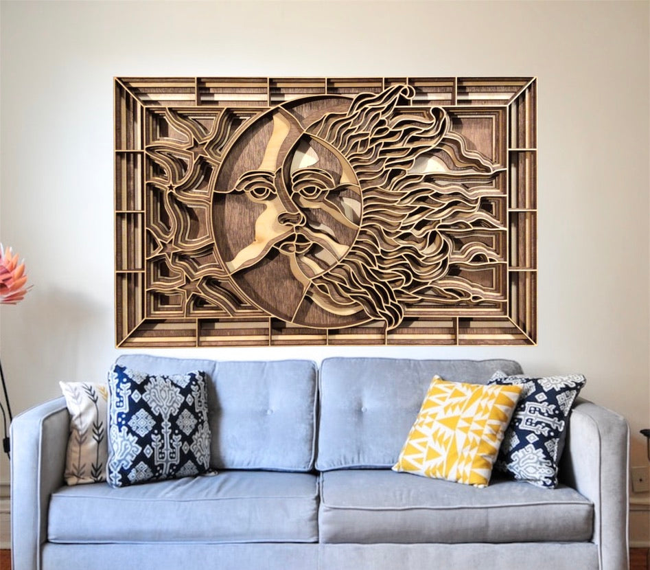 MIAGILASER Moon & Sun Multi-layer Wooden Wall Decor, 3D Wood Wall Art, Wood Mandala, Multi-layered Wall Art, Laser Cut Wall Art