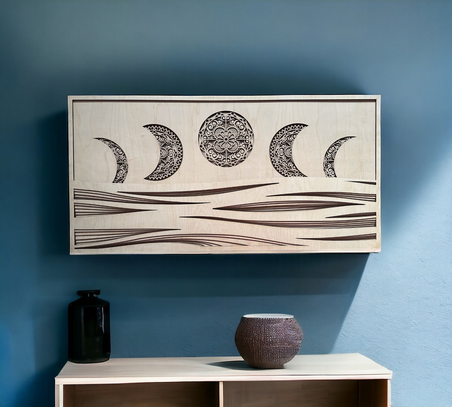 MIAGILASER Moon Phase Multi-layer Wooden Wall Decor, Moon & Wave 3D Wood Wall Art, Wood Mandala, Multi-layered Art, Laser Cut Wall Art