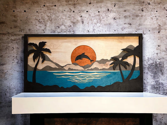 MIAGILASER Dolphin Sunset Multi-layer Stained Wood Wall Decor, Sun Wall Decor, Beach 3D Wood Wall Art, Multi-layered Wall Art, Laser Cut Wall Decor