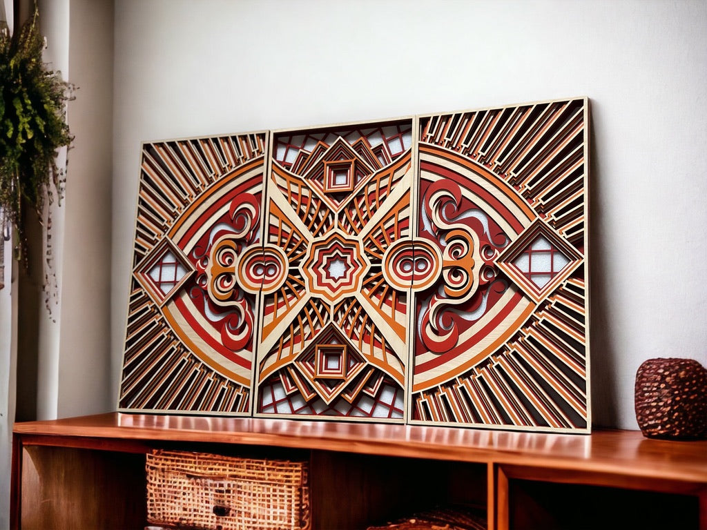 MIAGILASER Wood Mandala, 3 Piece Diamond Eyes Mandala, Large Mandala, Multi-layered Wall Decor, Multi-layered Wall Art, 3D Wall Decor