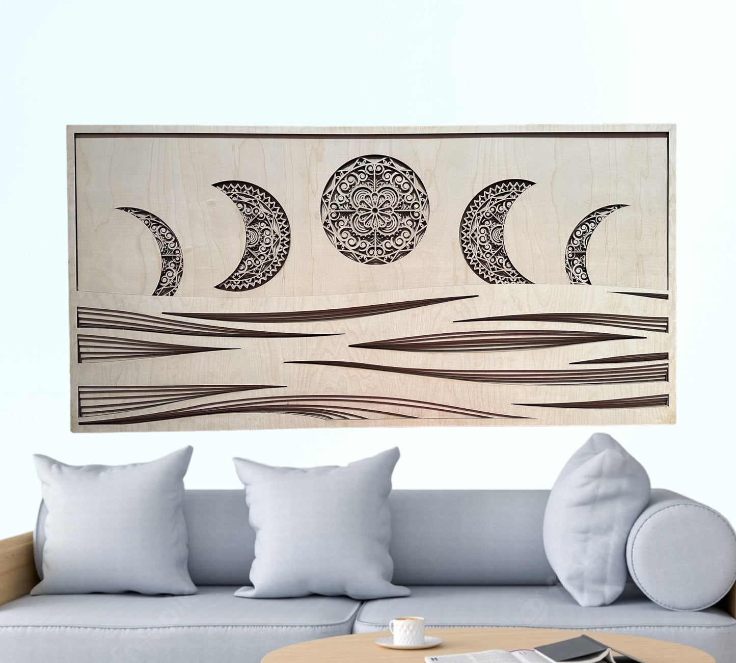 MIAGILASER Moon Phase Multi-layer Wooden Wall Decor, Moon & Wave 3D Wood Wall Art, Wood Mandala, Multi-layered Art, Laser Cut Wall Art