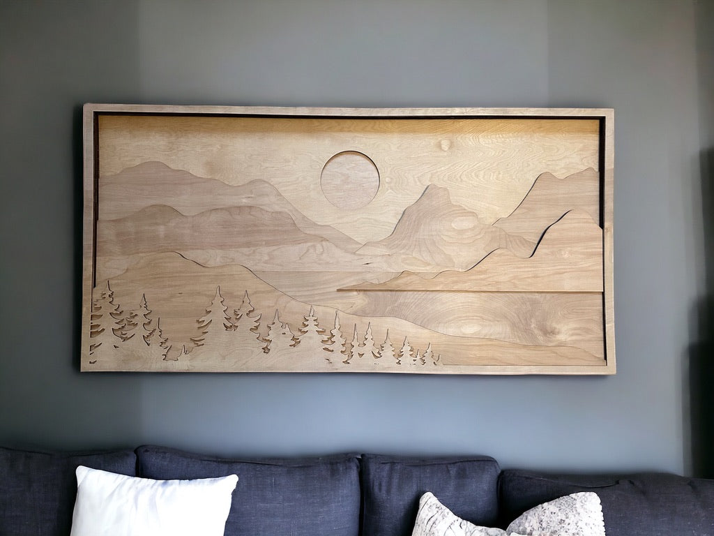 MIAGILASER Mountain Moon Multi-layer Wood Wall Decor, 3D Wood Wall Art, Wood Mandala, Multi-layered Wall Art, Laser Cut Wall Decor