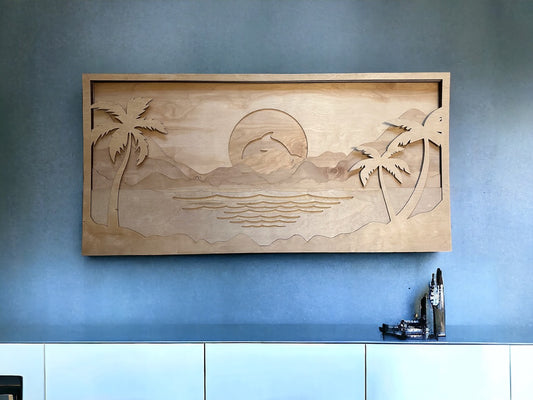 MIAGILASER Dolphin Sunset Multi-layer Wood Wall Decor, Sun Wooden Wall Decor, Beach 3D Wood Wall Art, Wood Mandala, Wall Art, Laser Cut Wall Decor