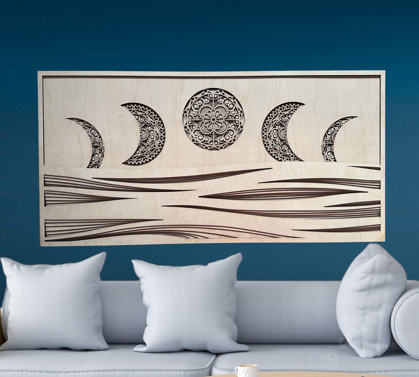 MIAGILASER Moon Phase Multi-layer Wooden Wall Decor, Moon & Wave 3D Wood Wall Art, Wood Mandala, Multi-layered Art, Laser Cut Wall Art