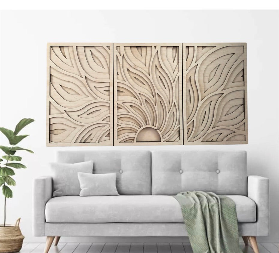 MIAGILASER 3 piece Sunrise Multi-layer Maple Wood Wall Decor, 4 Layers, Wood Decor, 3D Wall Art, Wood Mandala, Laser Cut Wall Decor