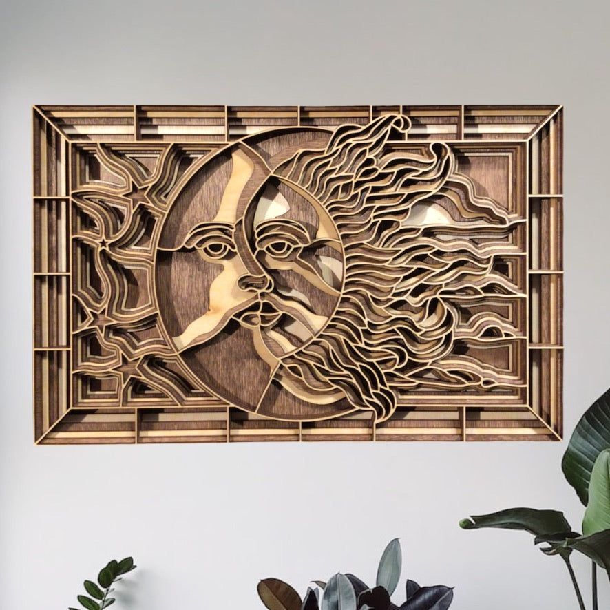 MIAGILASER Moon & Sun Multi-layer Wooden Wall Decor, 3D Wood Wall Art, Wood Mandala, Multi-layered Wall Art, Laser Cut Wall Art