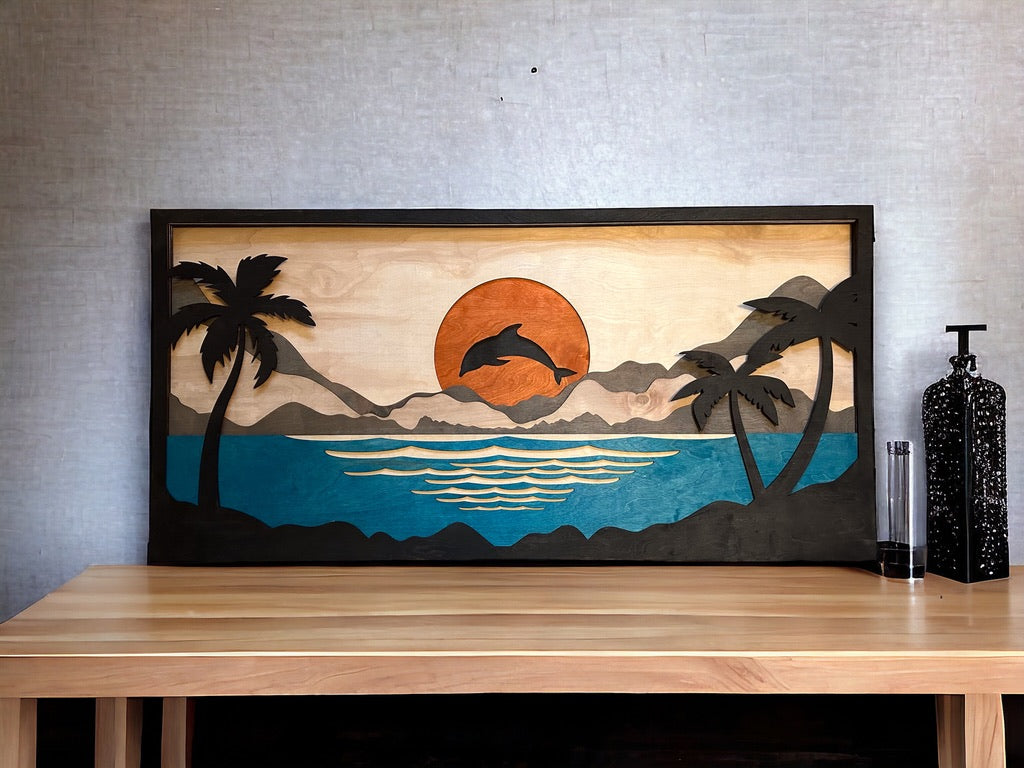 MIAGILASER Dolphin Sunset Multi-layer Stained Wood Wall Decor, Sun Wall Decor, Beach 3D Wood Wall Art, Multi-layered Wall Art, Laser Cut Wall Decor