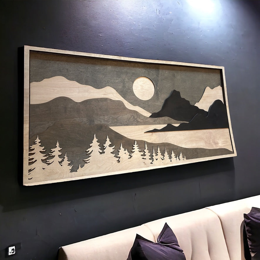 MIAGILASER Mountain Moon Multi-layer Wood Wall Decor, 3D Wood Wall Art, Wood Mandala, Multi-layered Wall Art, Laser Cut Wall Decor