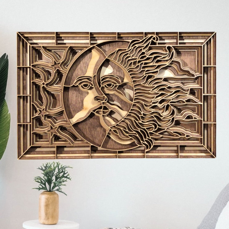 MIAGILASER Moon & Sun Multi-layer Wooden Wall Decor, 3D Wood Wall Art, Wood Mandala, Multi-layered Wall Art, Laser Cut Wall Art