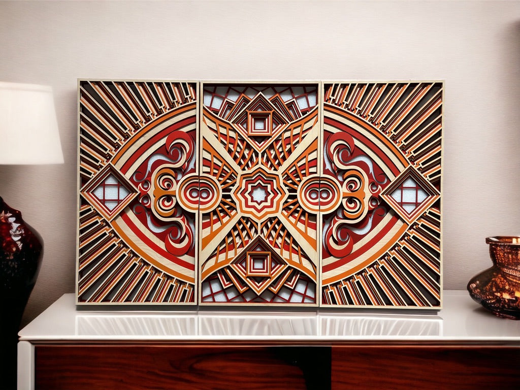 MIAGILASER Wood Mandala, 3 Piece Diamond Eyes Mandala, Large Mandala, Multi-layered Wall Decor, Multi-layered Wall Art, 3D Wall Decor