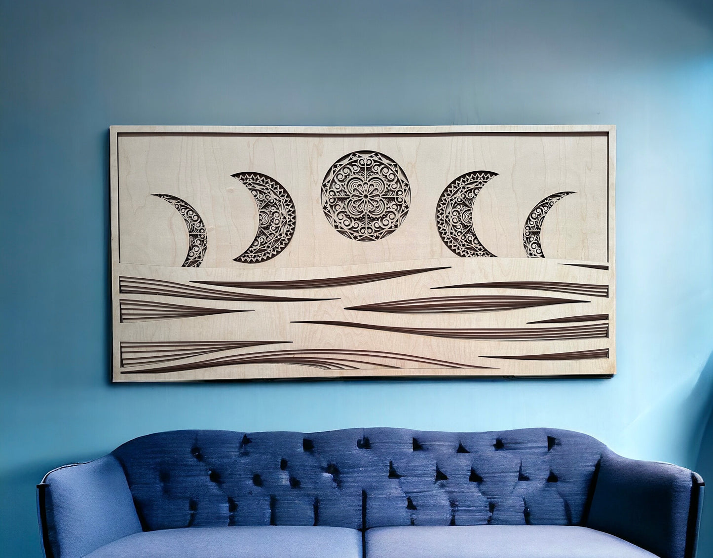 MIAGILASER Moon Phase Multi-layer Wooden Wall Decor, Moon & Wave 3D Wood Wall Art, Wood Mandala, Multi-layered Art, Laser Cut Wall Art