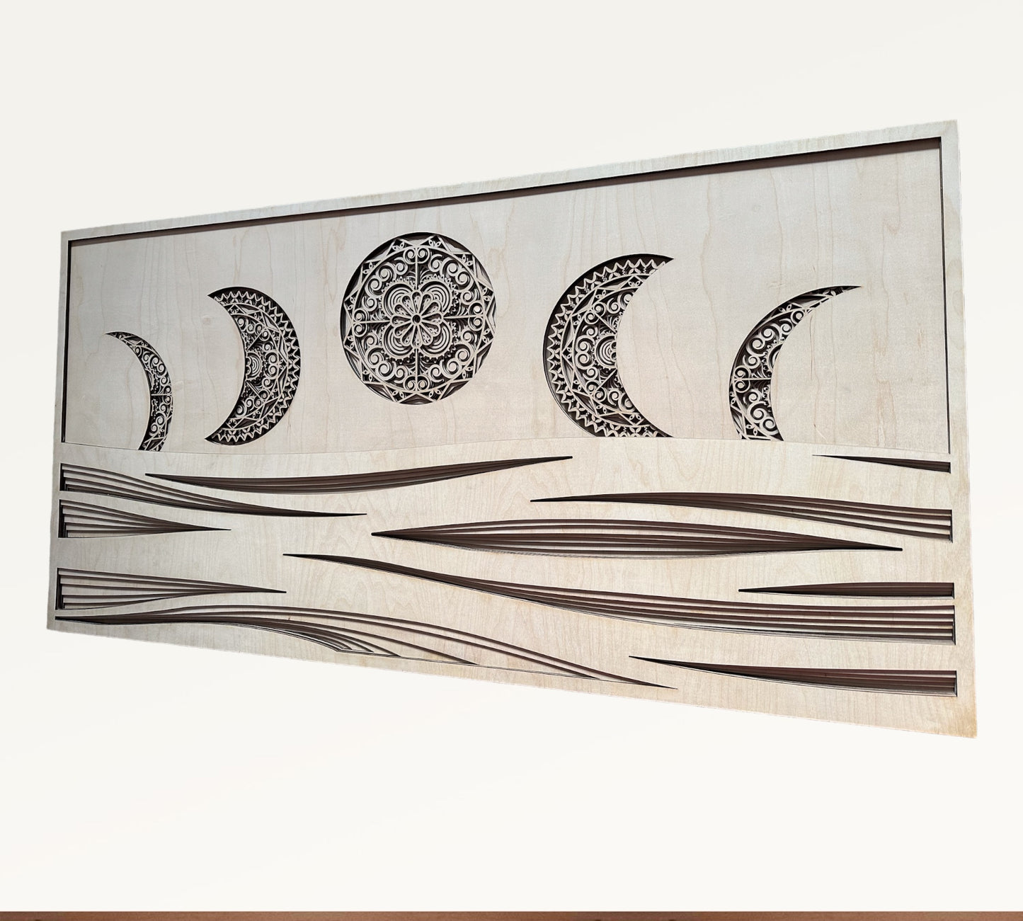 MIAGILASER Moon Phase Multi-layer Wooden Wall Decor, Moon & Wave 3D Wood Wall Art, Wood Mandala, Multi-layered Art, Laser Cut Wall Art