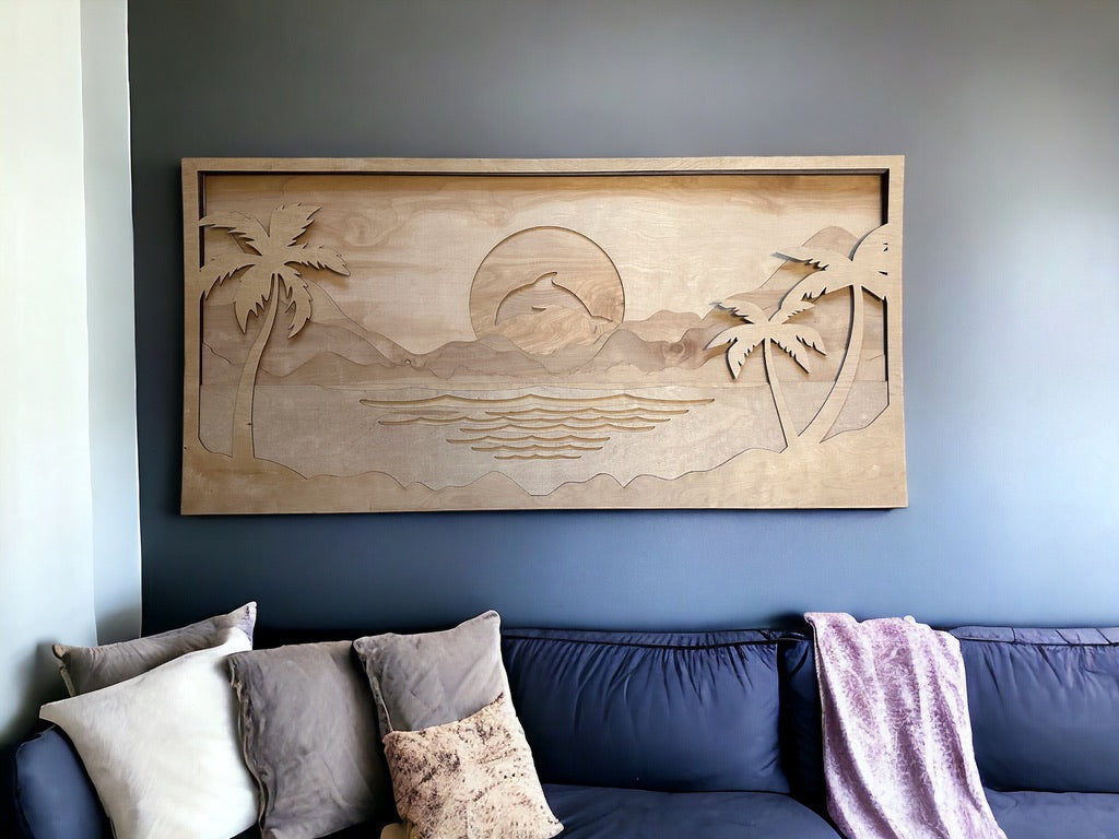 MIAGILASER Dolphin Sunset Multi-layer Wood Wall Decor, Sun Wooden Wall Decor, Beach 3D Wood Wall Art, Wood Mandala, Wall Art, Laser Cut Wall Decor