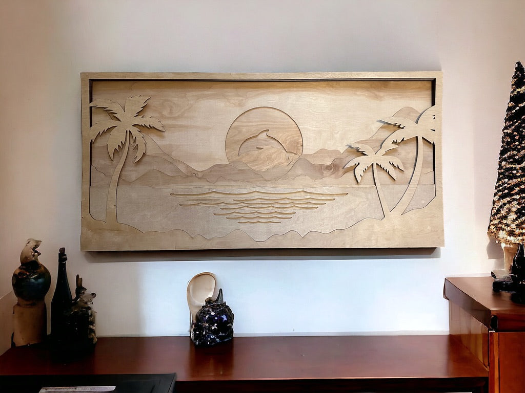 MIAGILASER Dolphin Sunset Multi-layer Wood Wall Decor, Sun Wooden Wall Decor, Beach 3D Wood Wall Art, Wood Mandala, Wall Art, Laser Cut Wall Decor