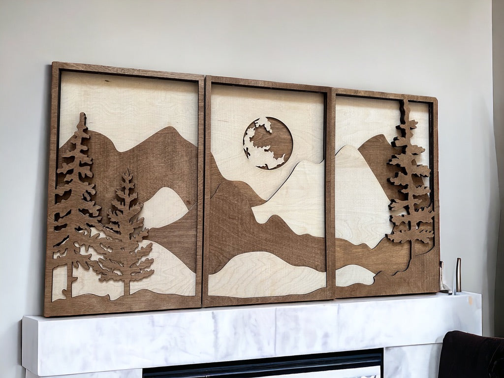 MIAGILASER 3 piece Forest Mountain Multilayer Wood Wall Decor, 40" x 70.5", Multi-layer Wooden Wall Decor, 3D Wall Art, Wood Mandala, Laser Cut Decor