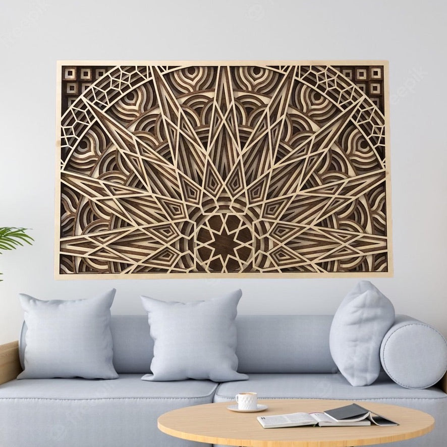 MIAGILASER Panno Sun Multi-layer Wooden Wall Decor, 3D Wood Wall Art, Wood Mandala, Multi-layered Wall Art, Laser Cut Wall Art